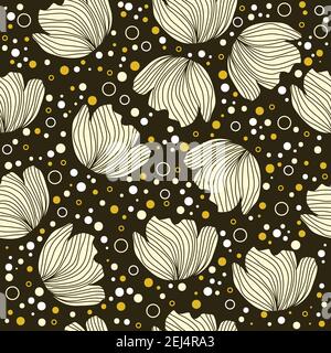Florales Muster-Design mit Blumen-Silhouetten, Punkten und kleinen Kreisen auf dunkelgrünem Hintergrund Stock Vektor