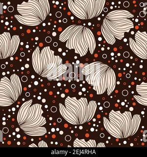 Florales Muster-Design mit Blumen-Silhouetten, Punkten und kleinen Kreisen auf braunem Hintergrund Stock Vektor