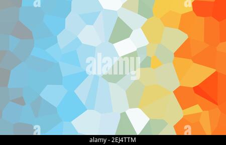 Nahaufnahme des farbigen, gradienten texturierten Polygonhintergrunds. Geometrisches abstraktes mehrfarbiges Dreiecksdesign. Orange und Himmelblau. Stockfoto