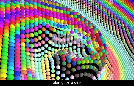 Welle von 3D Kugeln in Regenbogenfarben. Abstrakte Bewegungskugeln. Detailreiche Hintergrundbildtextur. Disco-Kreise. Stockfoto