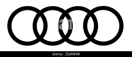 Logo der Automarke Audi, Ausschnitt auf weißem Hintergrund Stockfoto