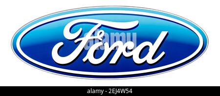 Logo der Automarke Ford, Ausschnitt auf weißem Hintergrund Stockfoto