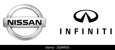 Logo der Automarke Nissan und Infiniti, Freiraum auf weißem Hintergrund Stockfoto