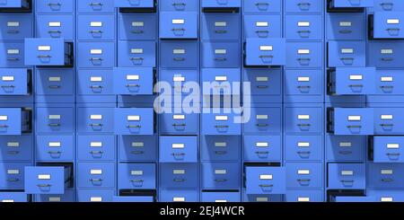 Aktenschränke mit offenen Schubladen Hintergrund. Office Dokument Daten und Informationen Archivspeicher, Business Administration Konzept. 3D Abbildung Stockfoto