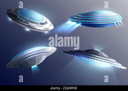 Set von glühenden Alien Raumschiffe in Untertasse Form isoliert auf Transparenter Hintergrund 3D Vektorgrafik Stock Vektor