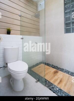 Schön eingerichtetes Badezimmer mit WC-Sitz und Trennglas Für Dusche Badezimmer Stockfoto