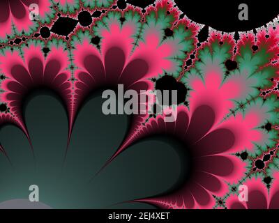 Energetische scharfe spitze fraktale Muster. Klassische Mandelbrot-Tapete. Computer-generiertes Bild. Ideal für Hintergrund, Ebene oder Textur. Stockfoto