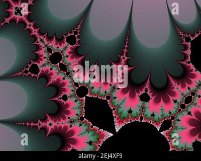 Energetische scharfe spitze fraktale Muster. Klassische Mandelbrot-Tapete. Computer-generiertes Bild. Ideal für Hintergrund, Ebene oder Textur. Stockfoto