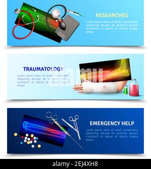 Set von horizontalen Banner mit Forschungen, chirurgische Traumatologie, Notfallmedizin Hilfe isoliert auf blauem Hintergrund Vektor-Illustration Stock Vektor