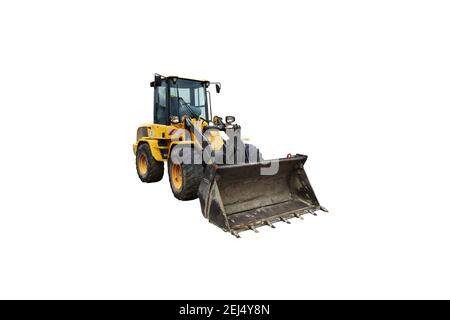 Gelb Bulldozer Bagger isoliert auf weiß Stockfoto