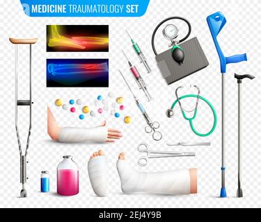 Set von medizinischen Werkzeugen, Röntgen mit Knochenbruch, Traumata der Gliedmaßen, transparente Hintergrund isoliert Vektor-Illustration Stock Vektor