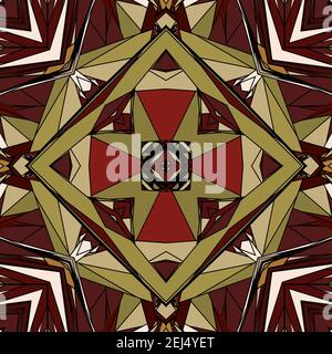 Symmetrisches kaleidoskopisches Design. Dunkle geometrische Hintergrundtapete Textur. Stockfoto