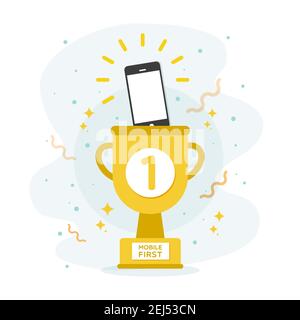 Mobile zuerst. Smartphone-Symbol im goldenen Becher. Reaktionsschnelles Web-Design-Konzept. Vektorgrafiken, flaches Design Stock Vektor