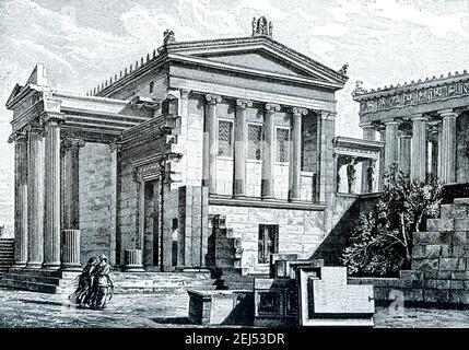 Dieses Bild zeigt das Erechtheion (Erechtheion und Erechteum) auf der Akropolis in Athen. Die Zeichnung basiert auf der Zeichnung des deutsch-österreichischen Architekten und Archäologen George Niemann. Die Bereiche sind beschriftet; North Lobby, Caryatid Veranda, und das Parthenon. Stockfoto