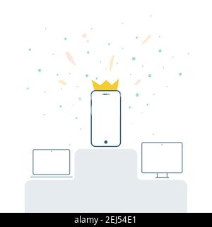 Mobile zuerst. Smartphone-Symbol mit Königskrone, Desktop-Computer und Laptop auf dem Podium. Reaktionsschnelles Web-Design-Konzept. Vektorgrafiken, flaches Design Stock Vektor