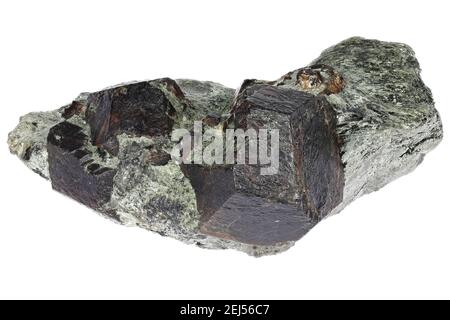 almandine Granat in Glimmerschiefer aus Ötztal, Österreich isoliert auf weißem Hintergrund Stockfoto