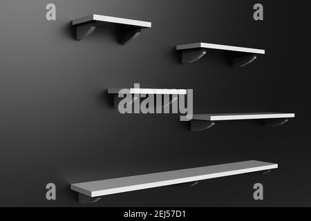 3D Darstellung leerer Kunststoffregale mit schwarzer Wand und Kopierraum. Stockfoto