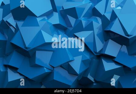 3D Darstellung der lowpoly geometrisch geformten, blau gefärbten Hintergrundstruktur. Stockfoto