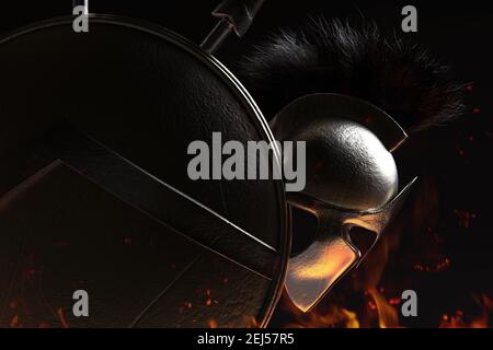 3D Darstellung von spartanisch gepanzerten Helm und Schild auf dunklem brennendem Hintergrund schattiert. Stockfoto