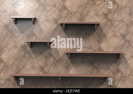 3D Darstellung leerer Regale auf Wandhintergrund mit Holzfliesen mit Kopierraum. Stockfoto