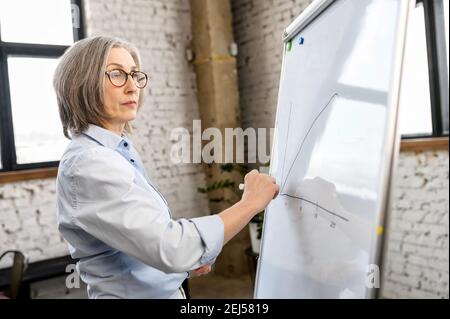 Konzentrierte ernsthafte reife grauhaarige weibliche Schullehrerin, Professor, College-Tutor oder Coach suchen und schreiben auf dem Whiteboard, geben virtuelle Stockfoto