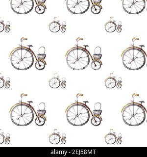 Nahtloses Muster mit niedlichen Retro-Bikes. Handgezeichnete Aquarellillustration Stockfoto
