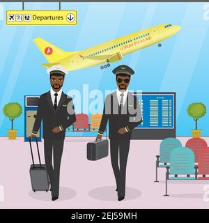 Die Kabinenbesatzung läuft auf einem modernen Flughafen mit Gepäck, Piloten in Uniform, Flughafen-Interieur und Möbel, Cartoon-Vektor-Illustration Stock Vektor