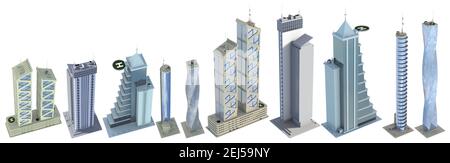 10 Vogelperspektive Detaildarstellung von fiktionalem Design abstrakte Wolkenkratzer mit blau bewölkten Himmelsreflexen - isoliert, 3D Illustration von architectu Stockfoto