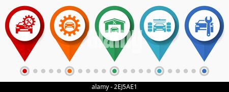 Auto serivce und waschen Vektor-Icon-Set, flache Design-Zeiger, Infografik Vorlage Stock Vektor