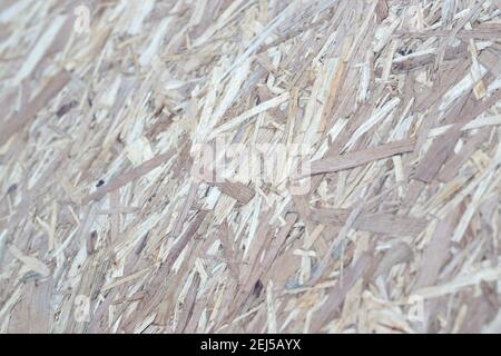 OSB-Platten aus braunen Holzspäne, geschliffen in einen Holzhintergrund. Draufsicht auf OSB-Holzfurnier Hintergrund enge Oberflächen Stockfoto