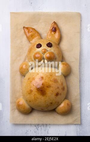 Ein Prozess der Herstellung von Osterhasen von köstlichen süßen Teig. Machen Sie es selbst. Schritt-für-Schritt-Anleitung. Schritt 5. Backen Sie das Osterhase Bun. Alles gute Stockfoto