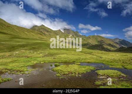 Umgebung von Lac Long de Liat. Im Hintergrund der Gipfel von Maubèrme (Aran Valley, Cataloina, Spanien) Stockfoto