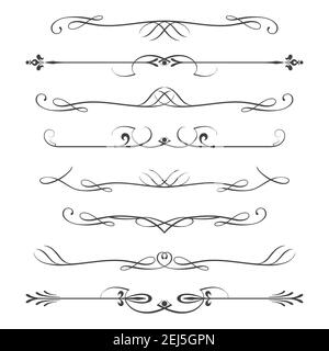 Set von kalligraphischen Design-Elemente- Trennwände, dünne Linie Dekoration Objekte, isoliert auf weißem Hintergrund, Vektor-Illustration. Stock Vektor