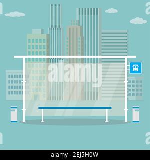 Leere moderne öffentliche Verkehrsmittel Haltestelle, Stadtlandschaft auf Hintergrund, Platz für Text, Outdoor flache Vektor-Illustration. Stock Vektor