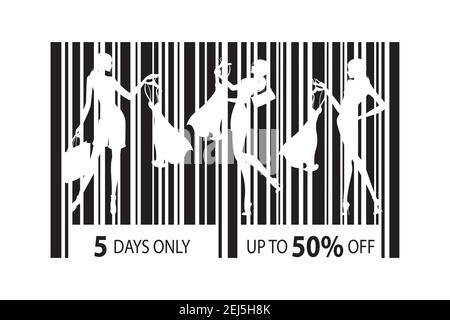 Barcode-Symbol mit Silhouetten von Frauen mit Einkaufstaschen und Kleid, Einkaufs-und Verkaufskonzept, isoliert auf weißem Hintergrund, Stock-Vektor-Illustration. Stock Vektor