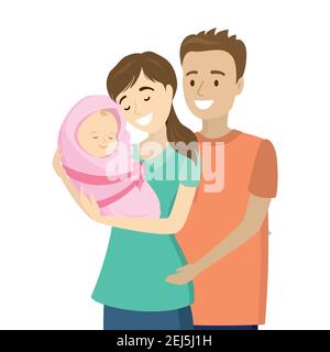 Paar in der Liebe mit neugeborenen Baby, Schönheit kaukasischen Vater und Mutter, Familie Porträt, isoliert auf weißem Hintergrund, Cartoon-Vektor-Illustration Stock Vektor