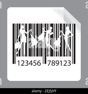 Etikett oder Aufkleber mit Barcode, Barcode-Symbol mit Silhouetten von Frauen mit Einkaufstaschen und Kleid, Einkaufs- und Verkaufskonzept, isoliert auf Weiße Rückenfarbe Stock Vektor