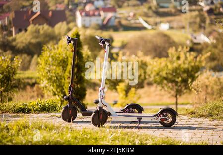 Zwei neue Elektroroller im Mietpark bereit zu gehen. Kostenpflichtige Vermietung von Motorrollern. Moderne Ökotransporte, Verkehrsinfrastruktur. Stockfoto