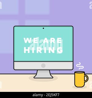Wir stellen ein. Computer-Desktop-Gerät mit Bildschirmmeldung. Schreibtisch mit Kaffeetasse. Konzept der Rekrutierung. Vektor-Illustration, flaches Design Stock Vektor
