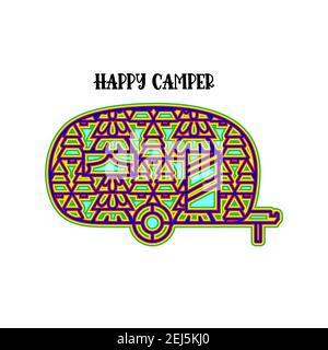 Happy Camper geschichtet. 3D Wohnmobil mit Ornament. Mandala-2-in-1-Design. Vektorgrafik mit mehreren Ebenen. Stock Vektor