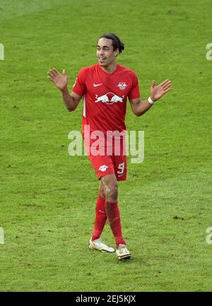 Berlin, Deutschland. Februar 2021, 21st. Fußball: Bundesliga, Hertha BSC - RB Leipzig, Matchday 22 im Olympiastadion. Yussuf Poulsen in Leipzig. Kredit: Soeren Sache/dpa-Zentralbild/dpa - WICHTIGER HINWEIS: Gemäß den Bestimmungen der DFL Deutsche Fußball Liga und/oder des DFB Deutscher Fußball-Bund ist es untersagt, im Stadion und/oder des Spiels aufgenommene Fotos in Form von Sequenzbildern und/oder videoähnlichen Fotoserien zu verwenden oder zu verwenden./dpa/Alamy Live News Stockfoto