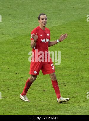 Berlin, Deutschland. Februar 2021, 21st. Fußball: Bundesliga, Hertha BSC - RB Leipzig, Matchday 22 im Olympiastadion. Yussuf Poulsen in Leipzig. Kredit: Soeren Sache/dpa-Zentralbild/dpa - WICHTIGER HINWEIS: Gemäß den Bestimmungen der DFL Deutsche Fußball Liga und/oder des DFB Deutscher Fußball-Bund ist es untersagt, im Stadion und/oder des Spiels aufgenommene Fotos in Form von Sequenzbildern und/oder videoähnlichen Fotoserien zu verwenden oder zu verwenden./dpa/Alamy Live News Stockfoto