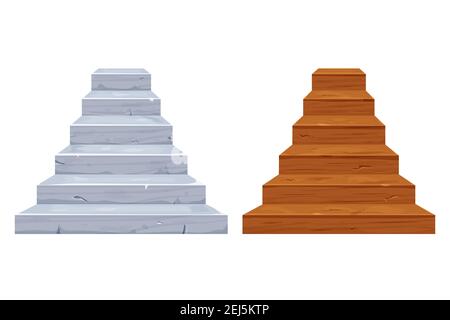 Set Holz-und Steintreppen in Cartoon-Stil isoliert auf weißem Hintergrund Stock Vektor-Illustration detailliert. Indoor-Bau, Dekoration, ui-Spiel Stock Vektor