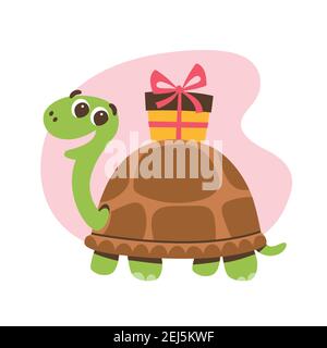 Niedliche lächelnde Schildkröte mit einem Geschenk auf der Schale. Liebe und Freundschaft Konzept. Niedliche Aufkleber für Kinder. Cartoon Vektorgrafik. Stock Vektor