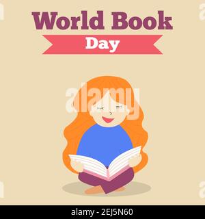 Frau sitzt mit einem Buch. Vektor-Illustration zum Weltbuch-Lesetag Stock Vektor