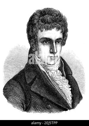 'Robert Fulton, 14. November 1765 - 24. Februar 1815, war ein US-Ingenieur; er baute die ersten brauchbaren Dampfschiffe und das U-Boot Nautilus / Robert Fulton, 14. 1765. - 24. November. Februar 1815, war ein US-amerikanischer Ingenieur; er baute die ersten brauchbaren Dampfschiffe und das U-Boot Nautilus', Historisch, historical, digital improved Reproduktion eines Originals aus dem 19th. Jahrhundert / digitale Reproduktion einer Originalvorlage aus dem 19. Jahrhundert, Stockfoto