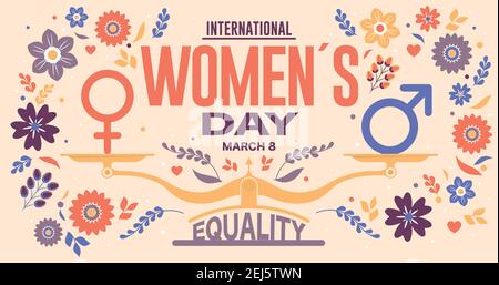 Grußkarte der INTERNATIONALEN FRAUEN S DAY. Text in roter Farbe und Skala mit GLEICHHEITSWORT und männliche und weibliche Ikone umgeben von violetten Blumen Stock Vektor