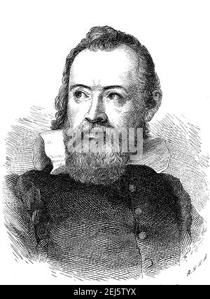 Galileo Galilei, 15. Februar 1564 - 8. Januar 1642, war ein italienischer Universalgelehrter. Er war Philosoph, Physiker, Mathematiker, Ingenieur, Astronom und Kosmologe / Galileo Galilei, 15. Februar 1564 - 8. Januar 1642, war ein italienischer Universalgelehrter. Er war Philosoph, Physiker, Mathematiker, Ingenieur, Astronom und Kosmologe, Historisch, historisch, digital verbesserte Reproduktion eines Originals aus dem 19th. Jahrhundert / digitale Produktion einer Originalvorlage aus dem 19. Jahrhundert, Stockfoto