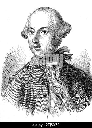 Joseph II., 13. März 1741 - 20. Februar 1790, war das erste Mitglied des Hauses Habsburg-Lothringen, der von 1765 bis 1790 Heiliger römischer Kaiser wurde / Joseph II., 13. Maerz 1741 - 20. Februar 1790, war von 1765 bis 1790 als erster Angehoerer des Hauses Habsburg-Lothringen Kaiser des Heiligen Roemischen Reiches, Historisch, historisch, digital verbesserte Reproduktion eines Originals aus dem 19th. Jahrhundert / digitale Reproduktion einer Originalvorlage aus dem 19. Jahrhundert, Stockfoto