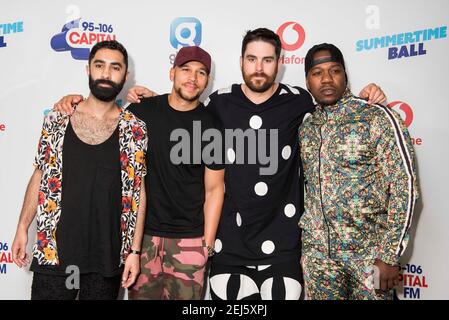 Rudimental auf dem roten Teppich des Medienlaufs beim Capital's Summertime Ball mit Vodafone im Wembley Stadium, London. Die heißesten Künstler des Sommers traten live für 80.000 Capital-Hörer im Wembley Stadium auf der größten Sommerparty Großbritanniens auf. Darsteller waren Camila Cabello, Shawn Mendes, Rita Ora, Charlie Puth, Jess Glyne, Craig David, Anne-Marie, Rudimental, Sean Paul, Clean Bandit, James Arthur, Sigala, Years & Years, Jax Jones, Raye, Jonas Blue, Mabel, Stefflon Don, Yungen und G-Eazy Stockfoto